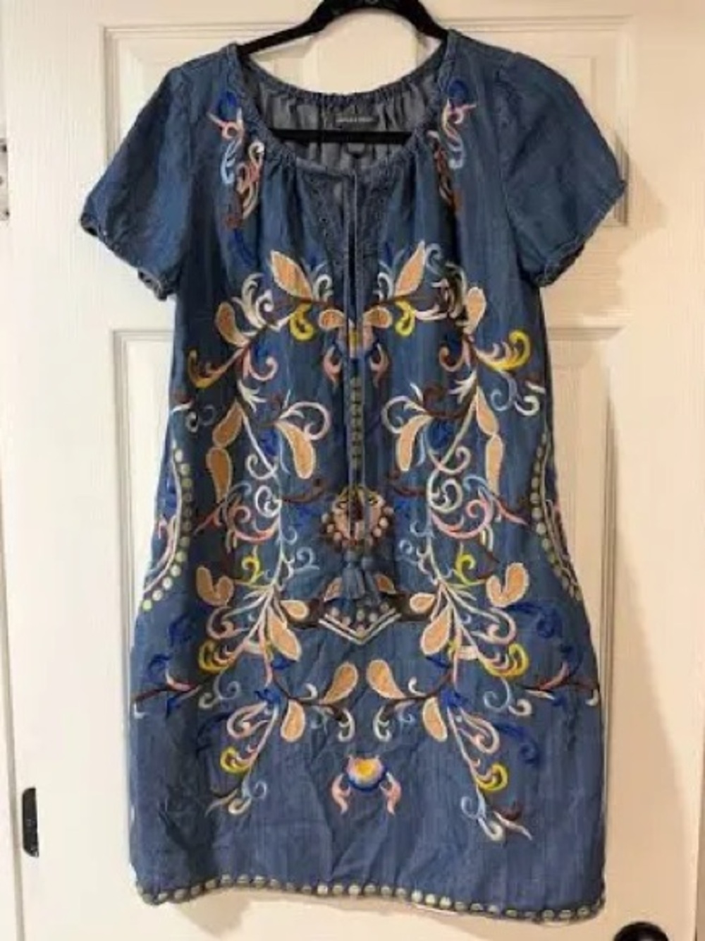 VGEC CHELSEA & THEODORE Denim Embroidered Short-Sleeve Mini Dress, Tassel Neck